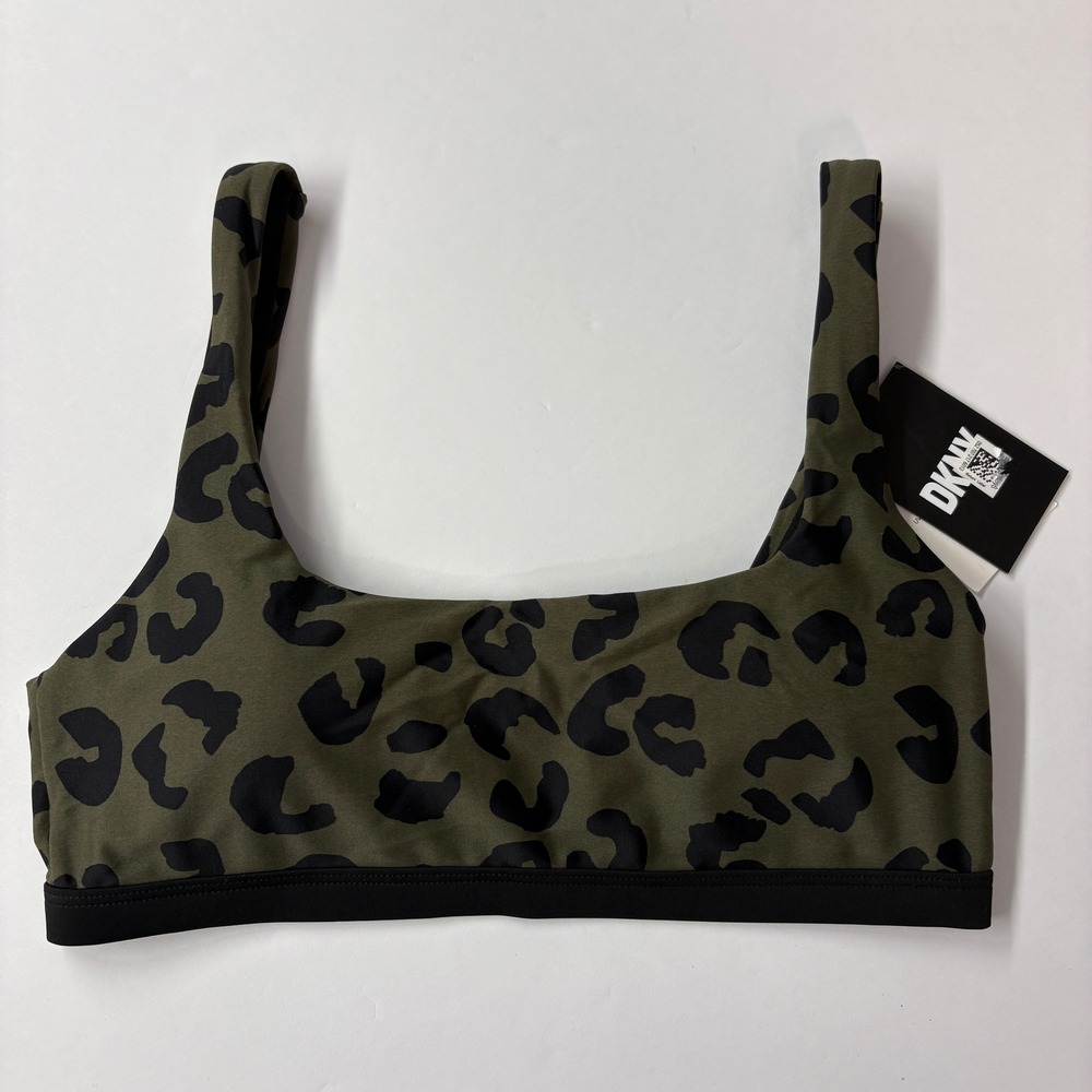 NWT DKNY Women Bikini Top Medium Green Leopard Print Square Neck Swimwear Pool